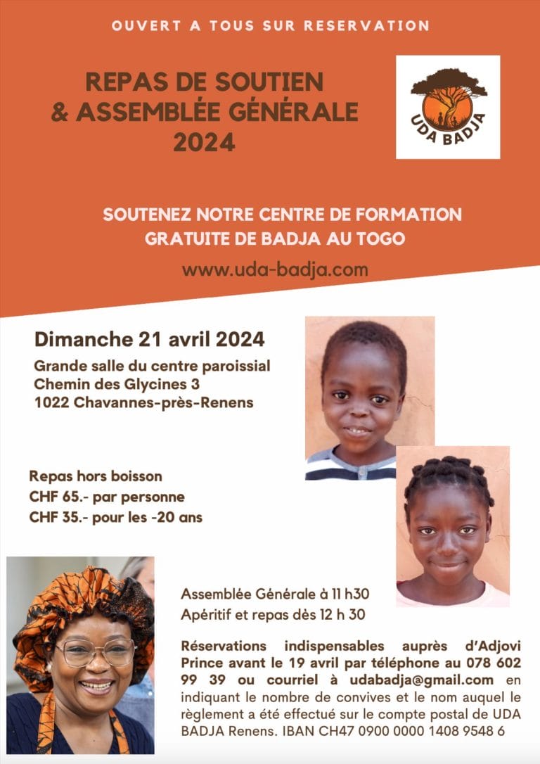 Flyer d'un repas de soutien et assemblée générale 2024 par l'UDA Badja le dimanche 21 avril 2024, à Chavannes-près-Renens, avec tarifs des repas et coordonnées pour réserver.
